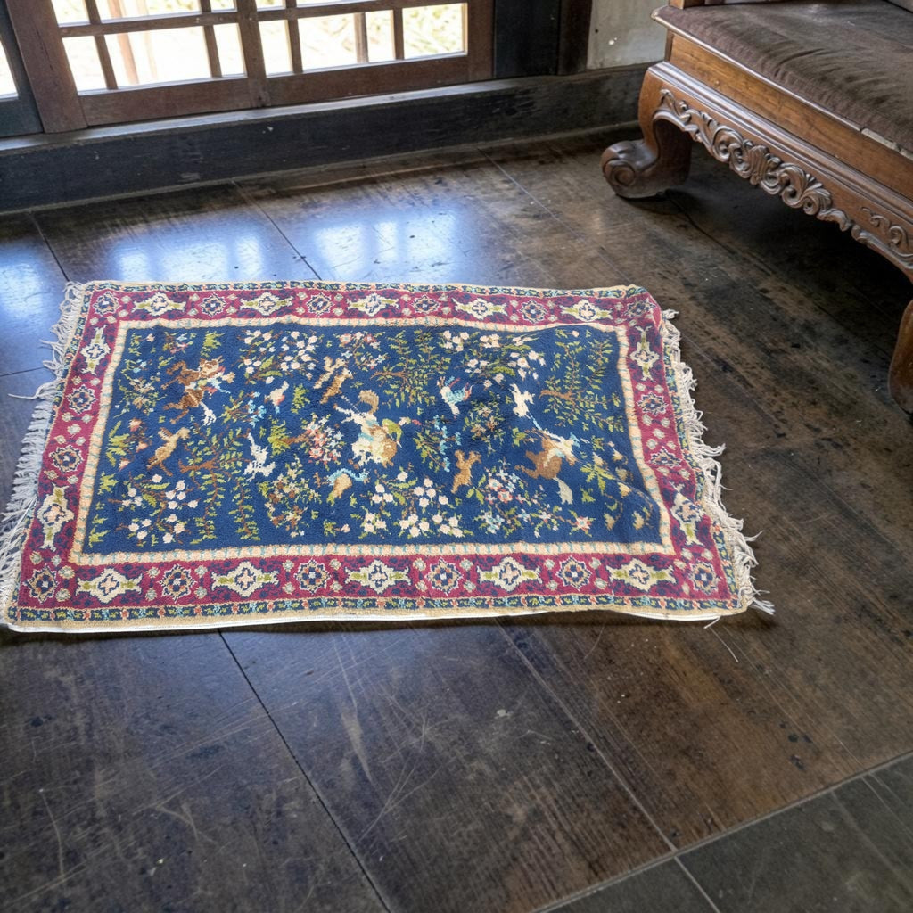 Antique Chinese Baotou Rug - Deer & Birds in a Lively Garden Landscape