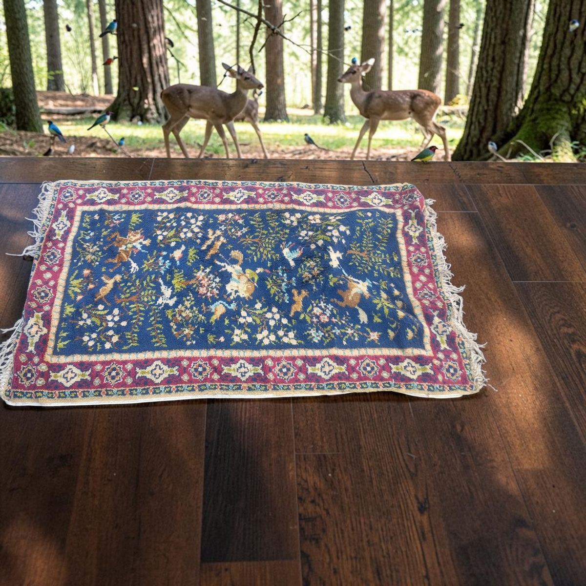 Antique Chinese Baotou Rug - Deer & Birds in a Lively Garden Landscape