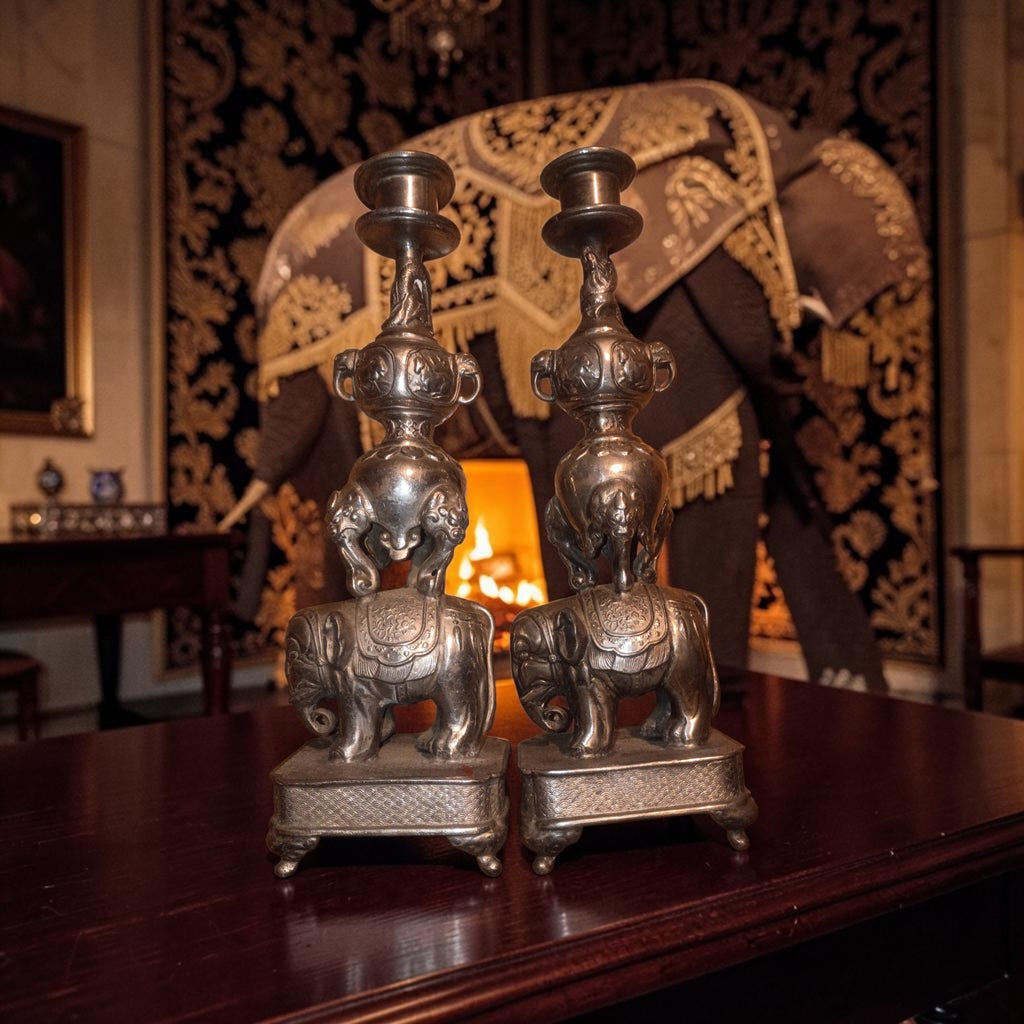 Fine Pair of Japanese Meiji Period Juzan Silvered-Bronze Figural Candlesticks
