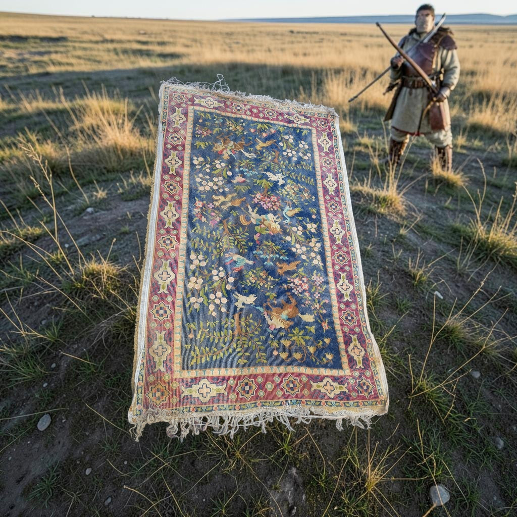 Antique Chinese Baotou Rug - Deer & Birds in a Lively Garden Landscape
