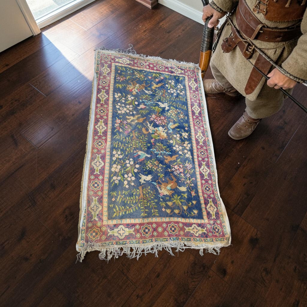 Antique Chinese Baotou Rug - Deer & Birds in a Lively Garden Landscape