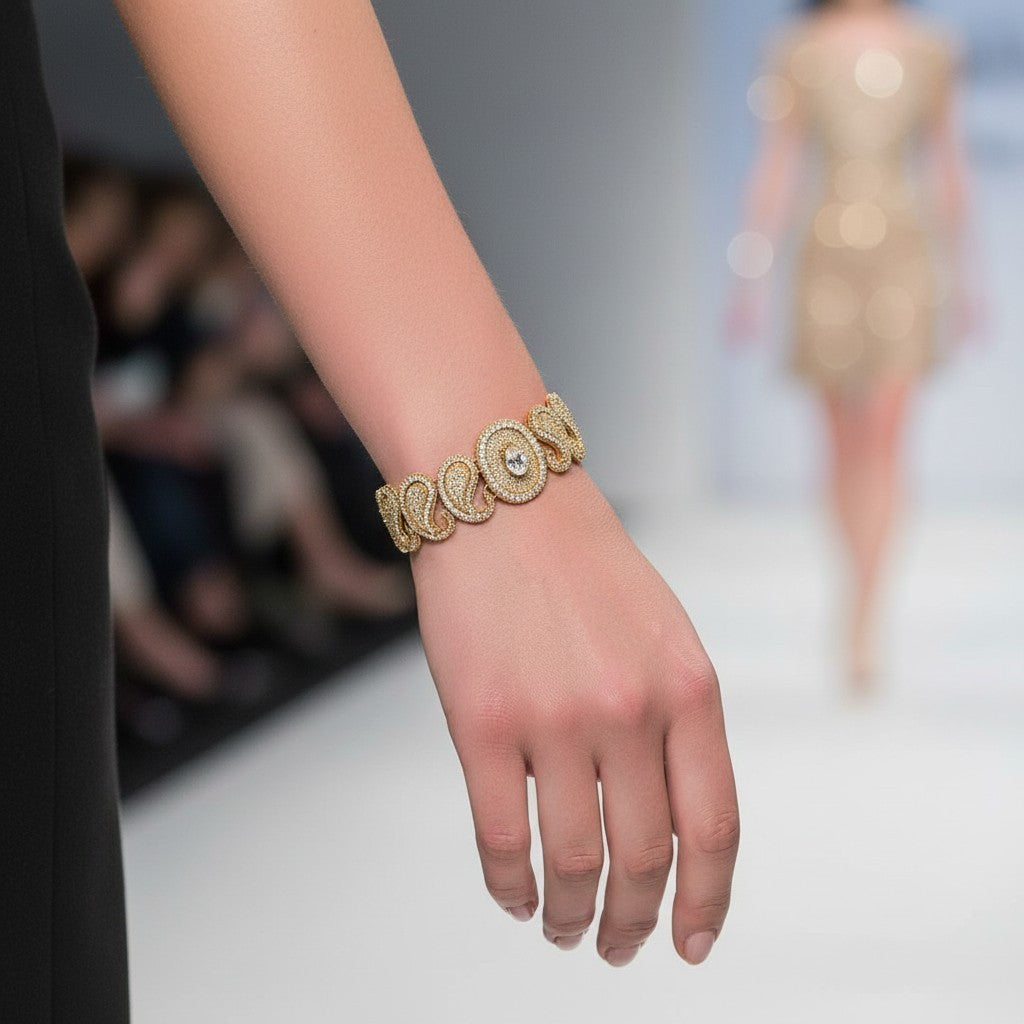 Tess Sholom / Tess Designs Articulated Rhinestone Boteh Bracelet, c. 1984–86
